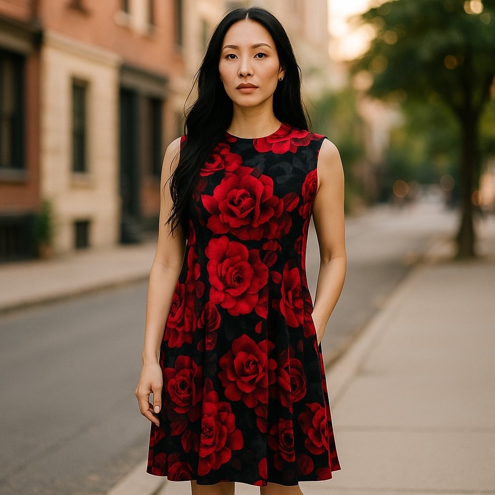 Connected Apparel Red Black‎ Velvet Rose Floral Sheath Dress Sz 8
